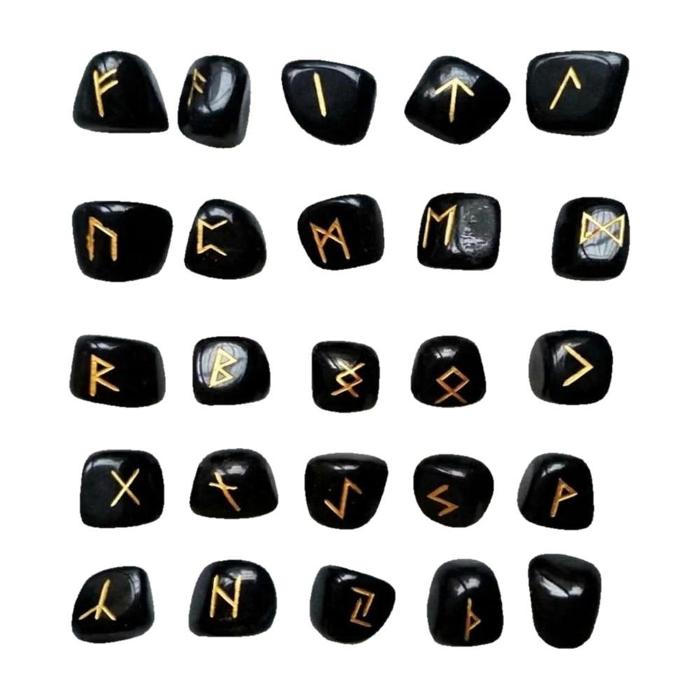 Set de 25 runes vikings en pierre d’obsidienne noire : 24 runes du Futhark gravées et dorées et une pierre vierge