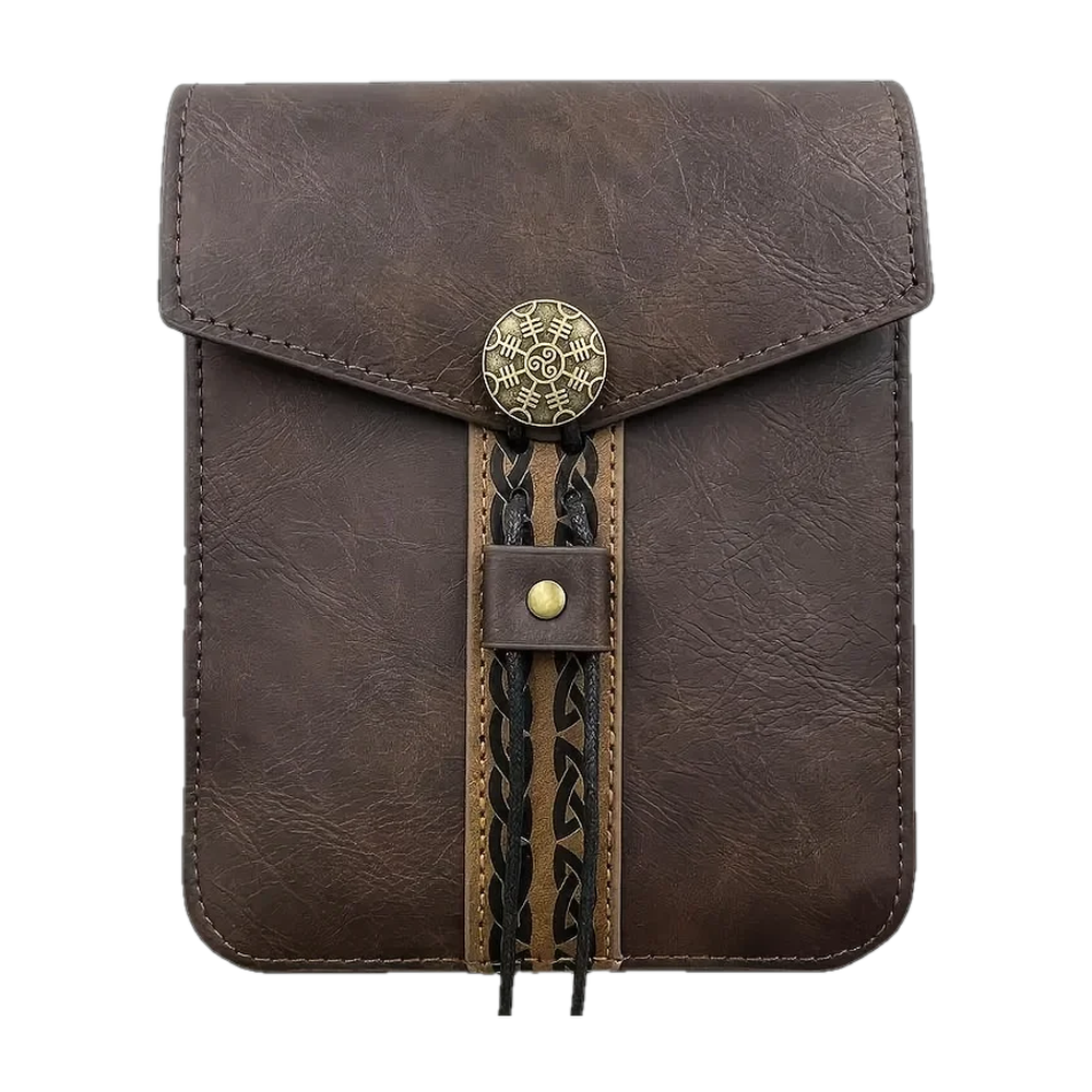 Sacoche de ceinture viking marron à rabat, bande d’entrelacs et bouton de métal frappé d’un symbole à huit branches