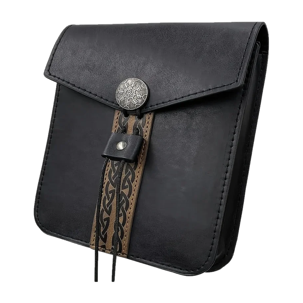Sacoche de ceinture viking noire à rabat, bande d’entrelacs et bouton de métal frappé d’un symbole à huit branches