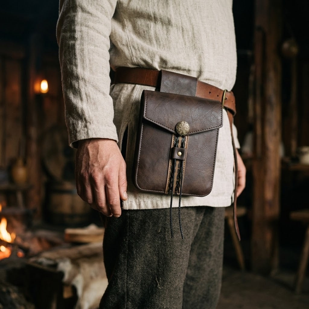 Sacoche de ceinture viking marron à rabat portée à la hanche sur une tunique de lin, dans une maison longue éclairée par le feu