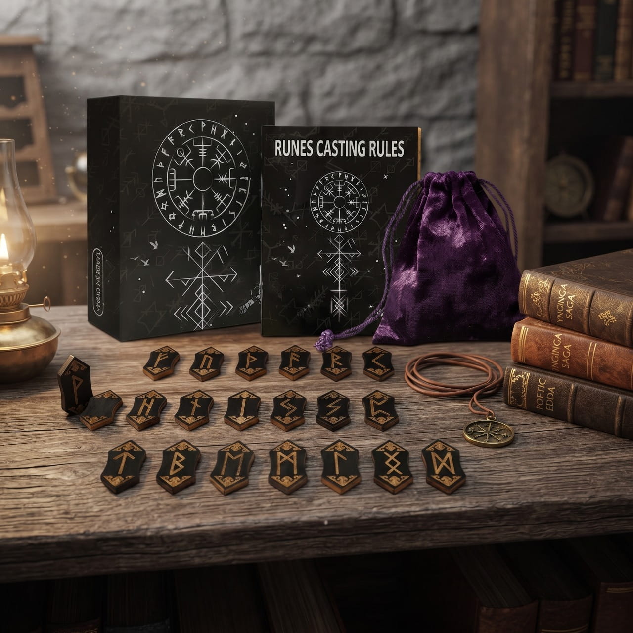 Set de Runes Viking Bois 25 Pièces avec Guide et Pochette — en situation