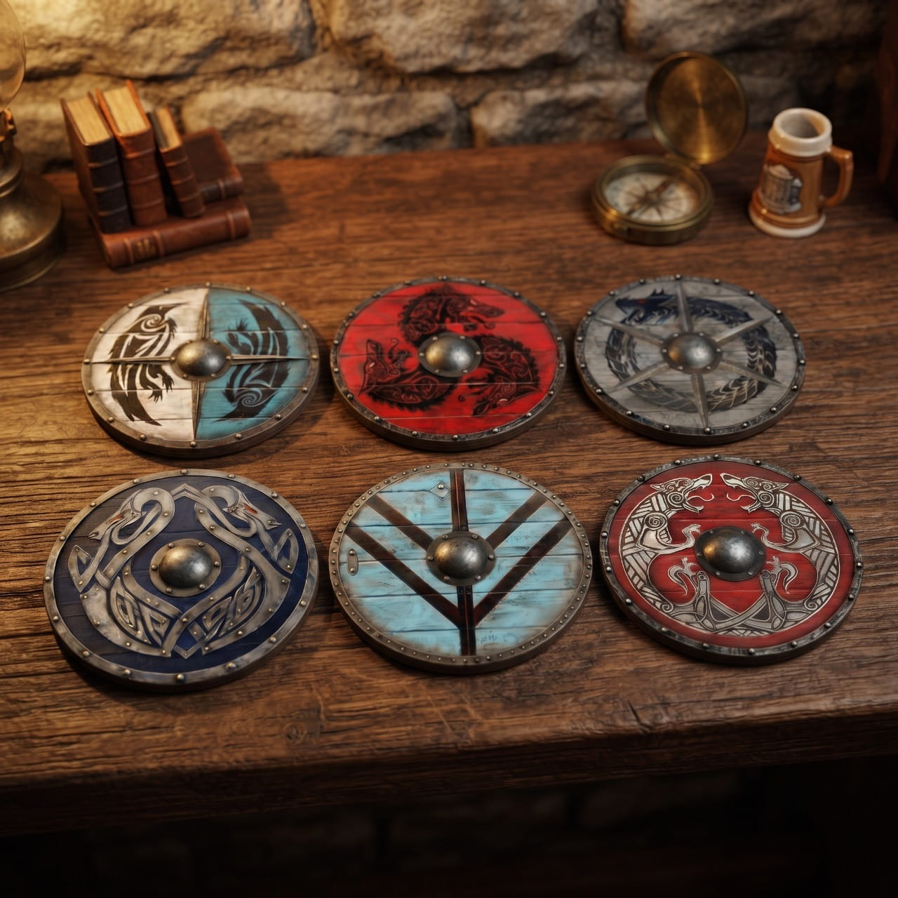 Sous-Verres Viking Bouclier Guerrier Bois Lot de 6 — en situation