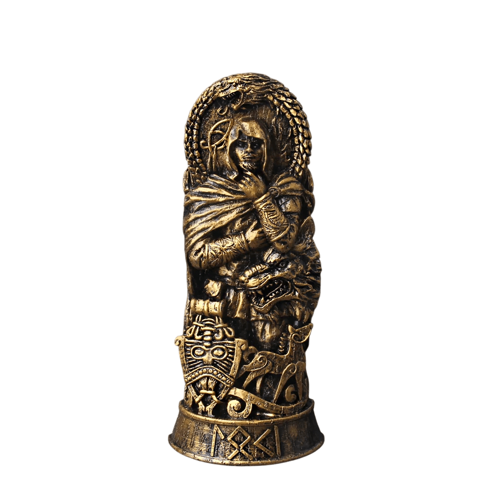 Statue de Loki en résine finition bronze entouré de son fils le loup Fenrir et du serpent Jörmungandr pour décoration viking.