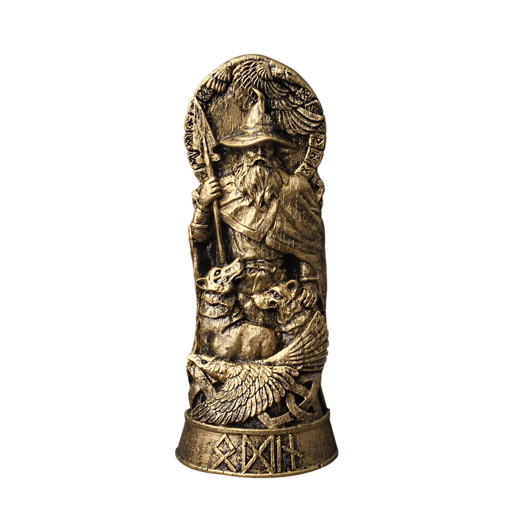 Statue d'Odin le Vagabond en résine finition bronze tenant sa lance Gungnir, avec ses corbeaux Huginn et Muninn et ses loups Geri et Freki.