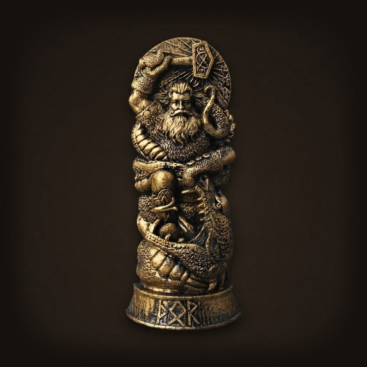 Statue de Thor en résine finition bronze luttant contre le serpent de Midgard avec son marteau, socle orné de runes.