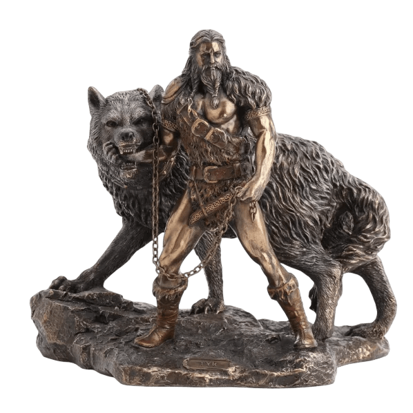 Statue en résine finition bronze du dieu viking Týr sacrifiant son bras dans la gueule du loup Fenrir.