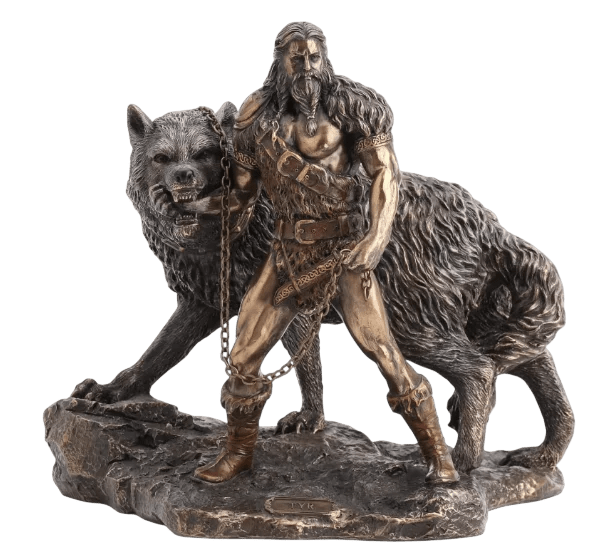Statue en résine finition bronze du dieu viking Týr sacrifiant son bras dans la gueule du loup Fenrir.