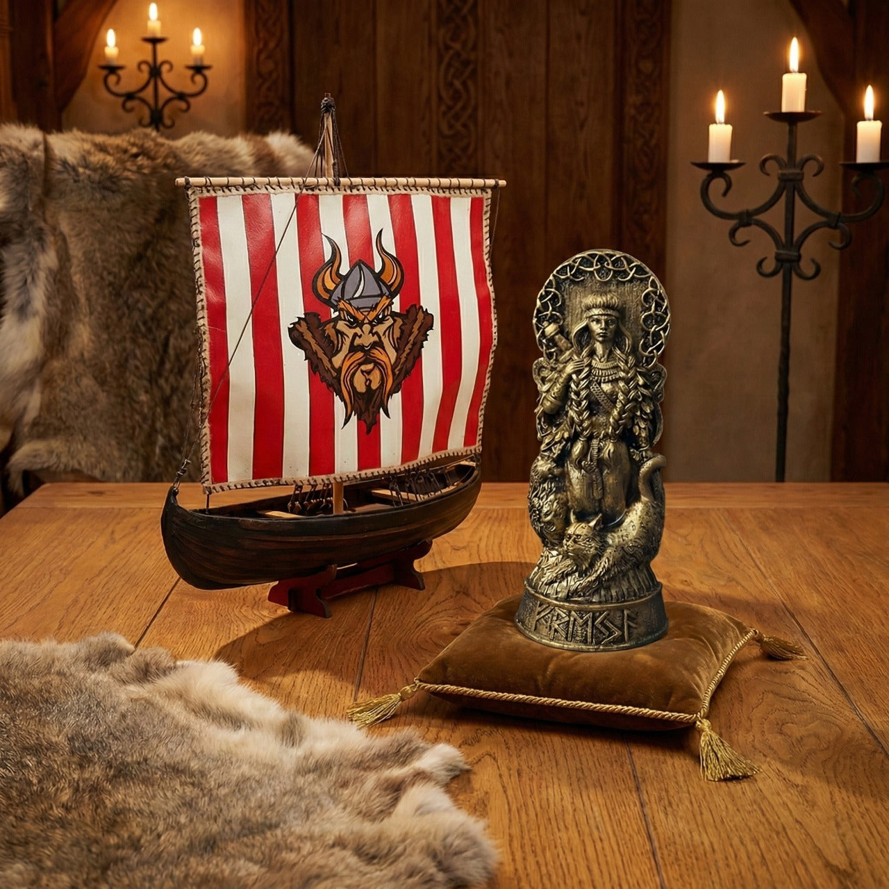 Statuette dorée de la déesse Freyja avec ses deux chats, accompagnée d'une maquette de drakkar viking avec voile rouge et blanche, décoration viking d'intérieur sur un thème mythologique.