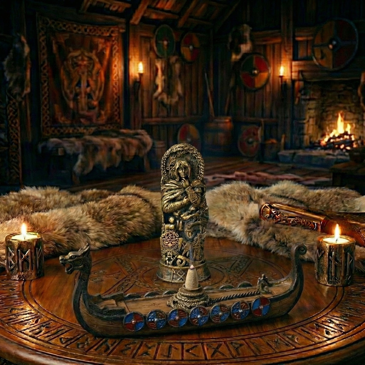 Statuette dorée du dieu malicieux Loki avec un porte-encens drakkar en bois sombre et des bougies gravées de runes, décoration viking mythologique pour une atmosphère nordique mystique.