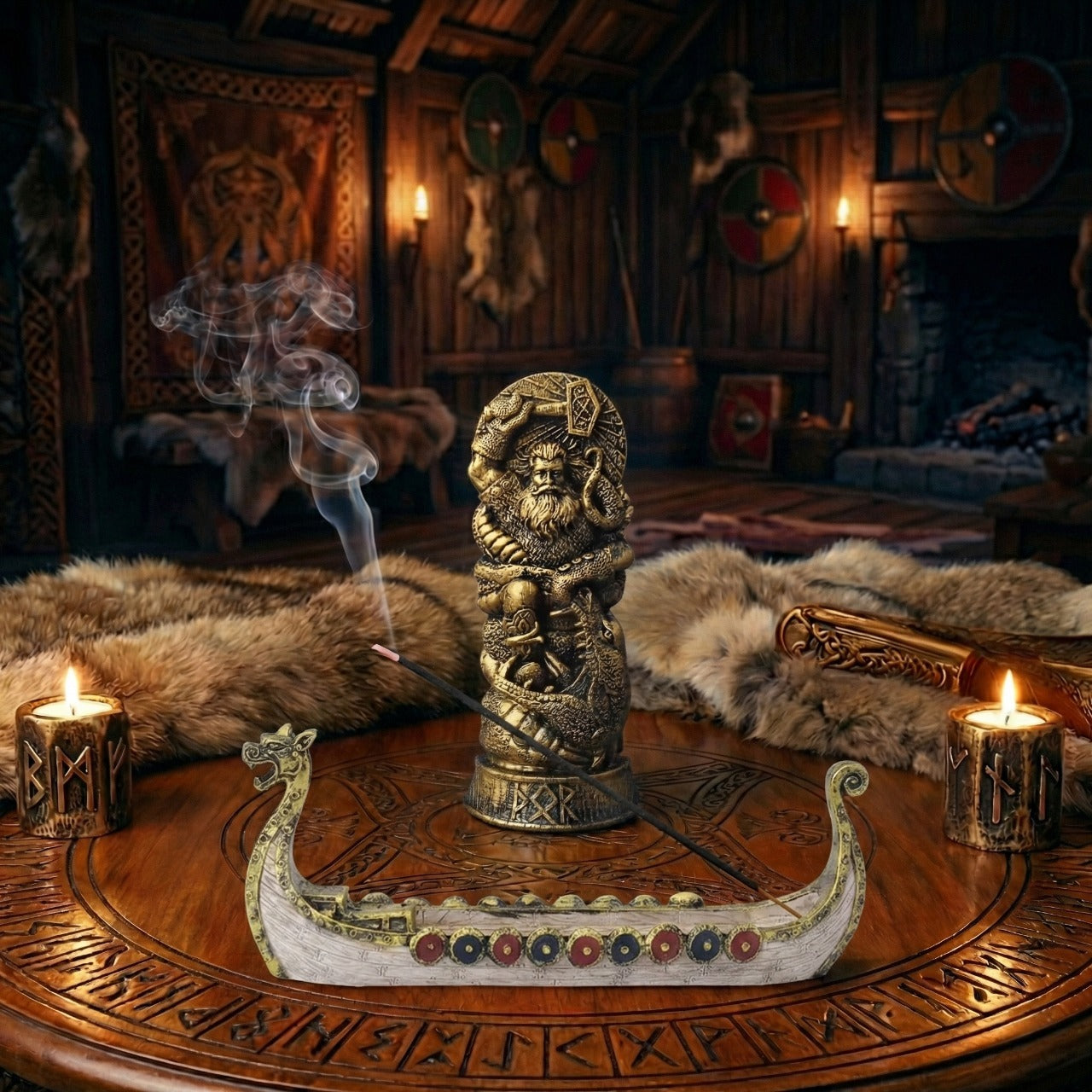 Statuette dorée du dieu Thor avec son marteau Mjolnir affrontant le serpent Jormungand, accompagnée d'un porte-encens drakkar blanc et de bougies runiques, décoration viking mythologique pour intérieur nordique.