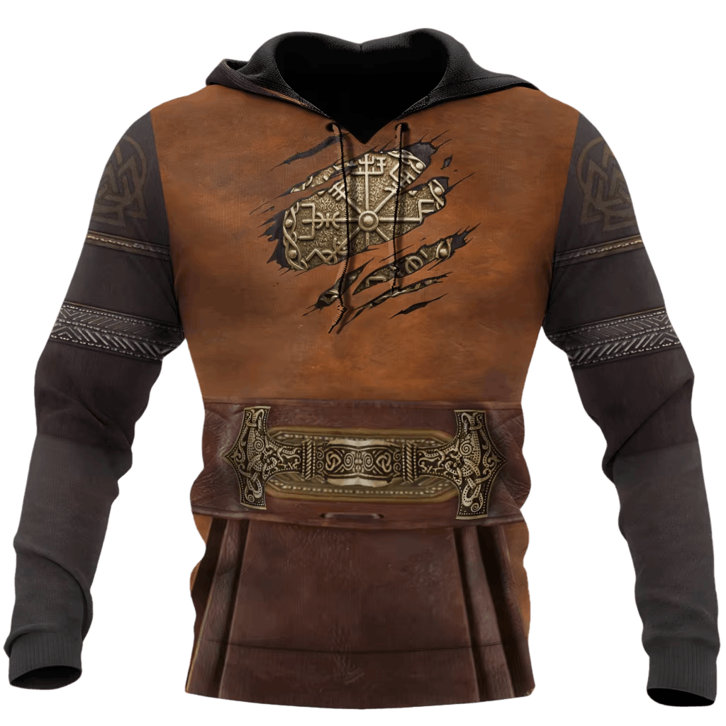 Sweat à Capuche Viking Trompe-l'Œil Armure de Cuir, vu de face et de dos