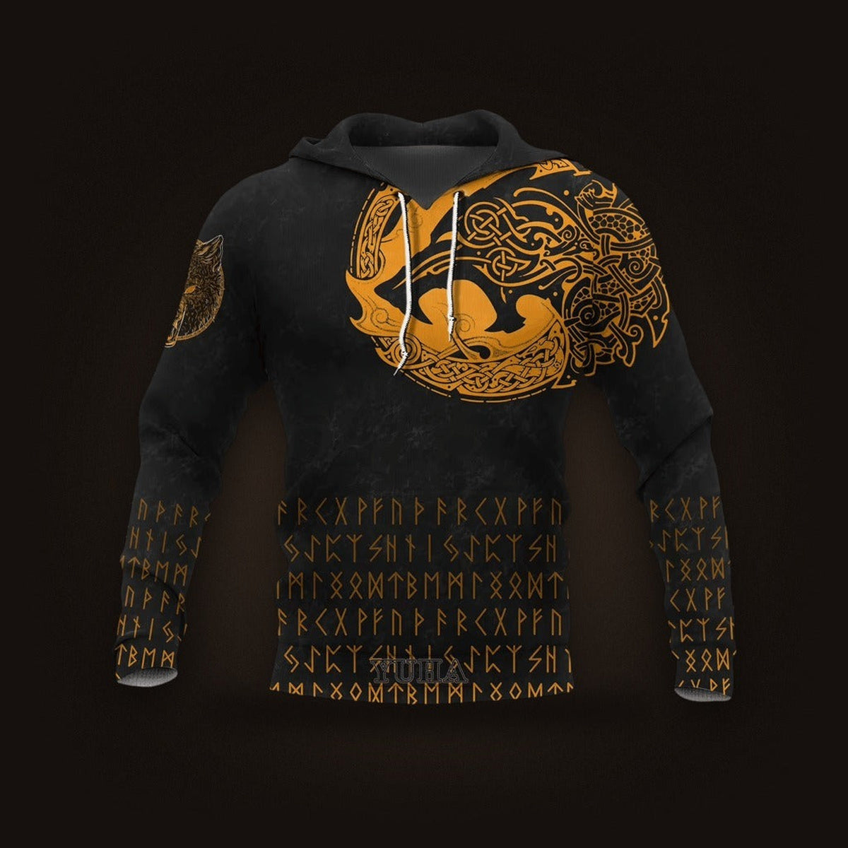 Sweat à Capuche Viking Corbeau Doré et Runes d'Or, vu de face