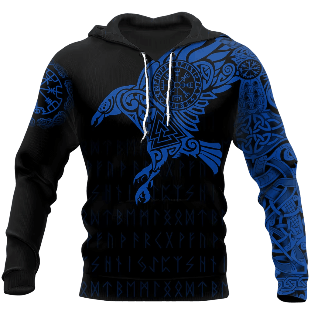 Sweat à Capuche Viking Corbeau d'Odin et Vegvísir, coloris bleu, vu de face et de dos