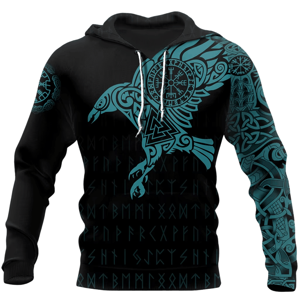 Sweat à Capuche Viking Corbeau d'Odin et Vegvísir, coloris turquoise, vu de face et de dos