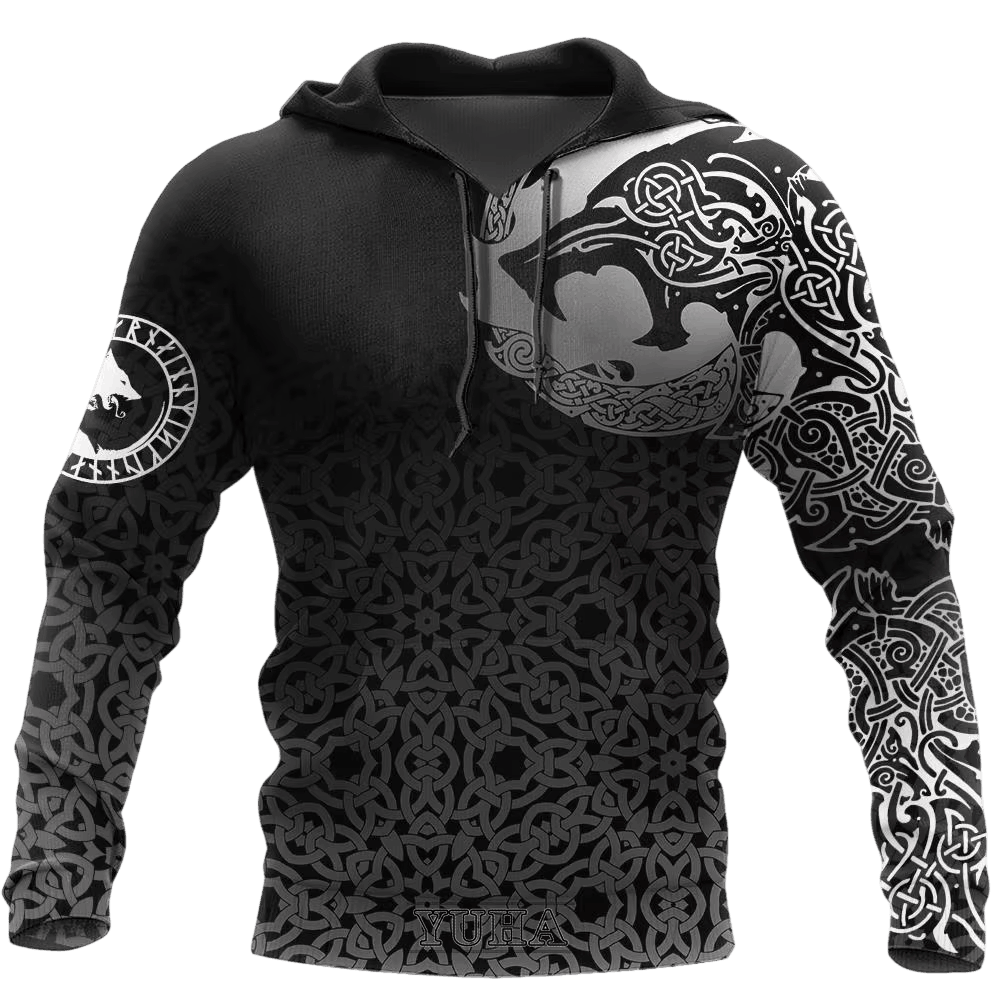 Sweat à Capuche Viking Corbeau et Pleine Lune, vu de face et de dos