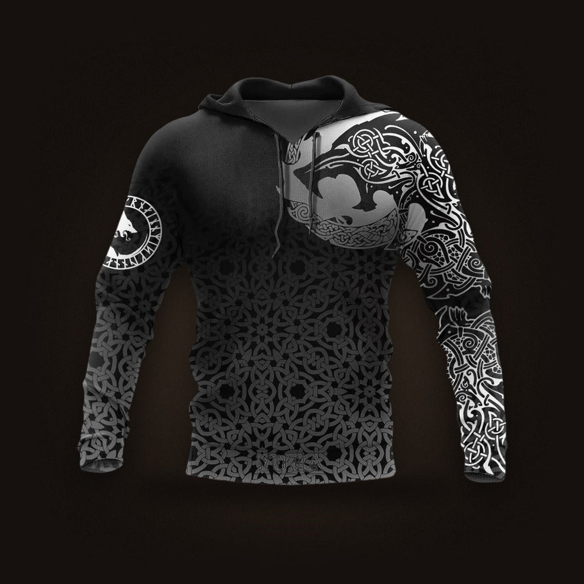 Sweat à Capuche Viking Corbeau et Pleine Lune, vu de face