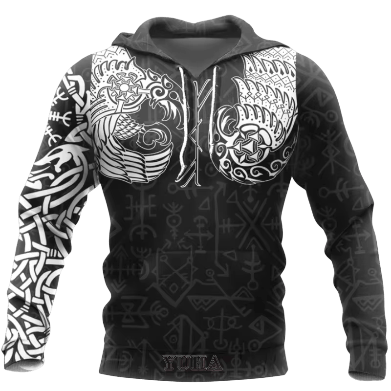 Sweat à Capuche Viking Corbeaux Entrelacés Noir et Blanc, vu de face et de dos