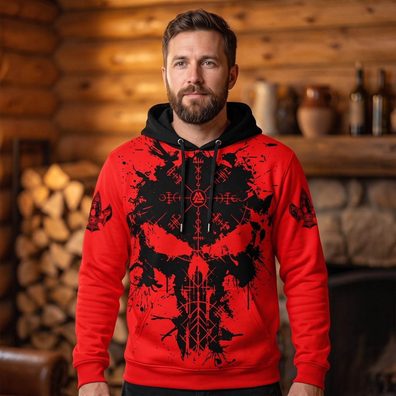 Homme portant le Sweat à Capuche Viking Crâne et Runes Rouge Vif