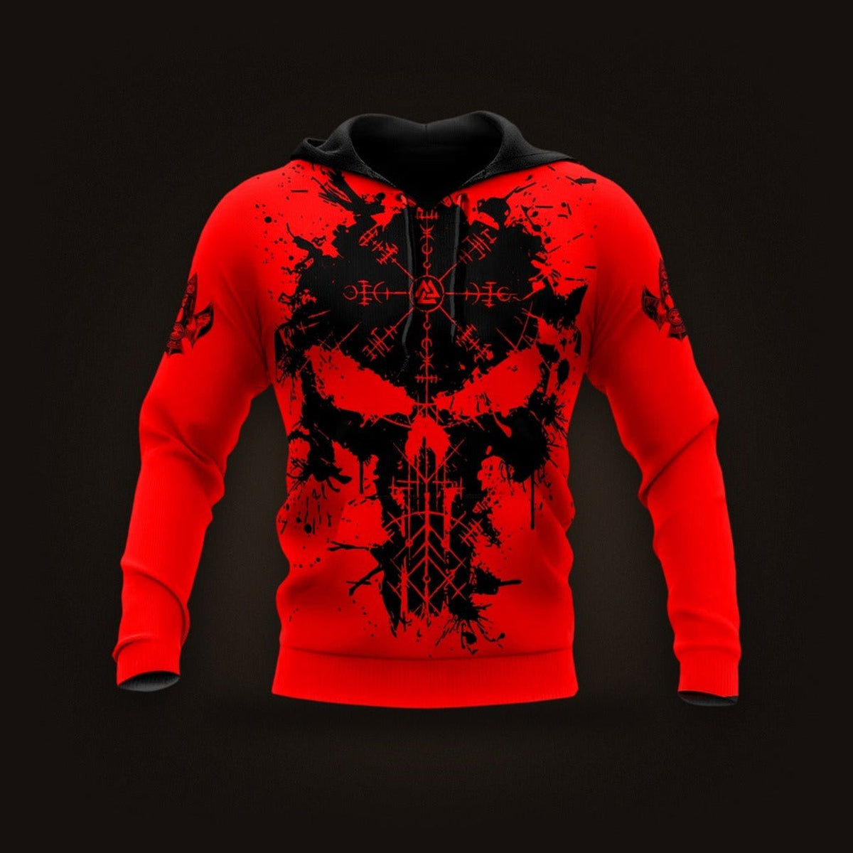 Sweat à Capuche Viking Crâne et Runes Rouge Vif, vu de face