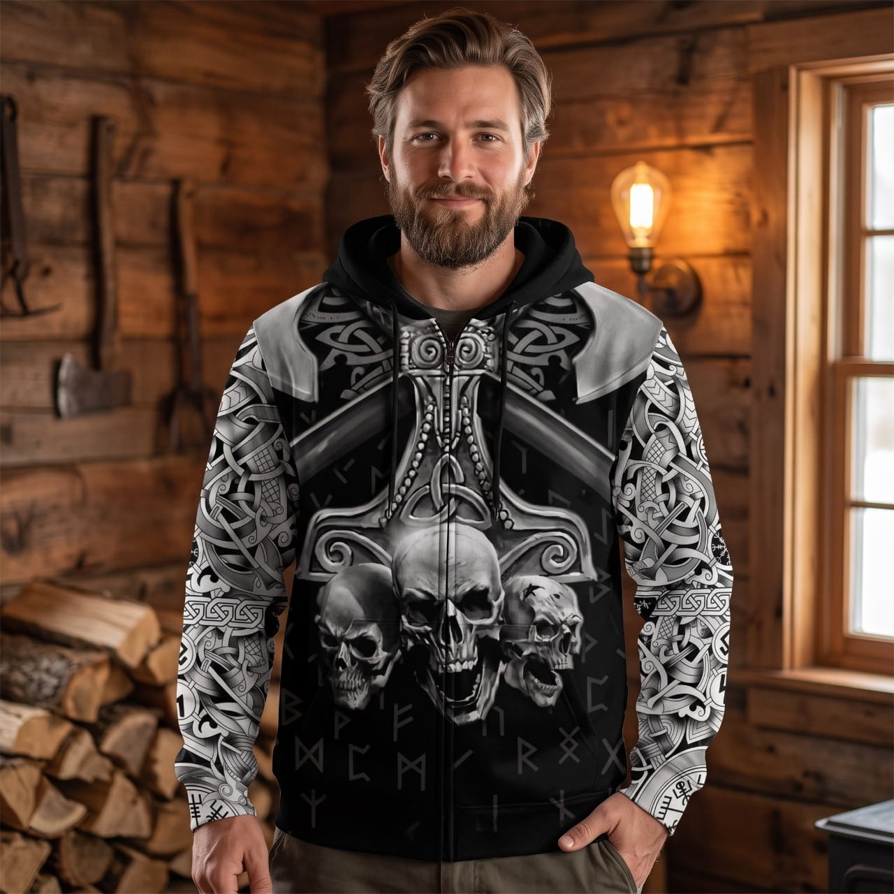 Homme portant le Sweat à Capuche Viking Crânes et Haches Croisées