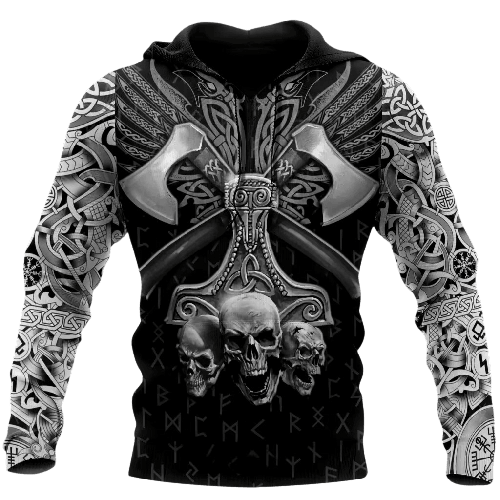 Sweat à Capuche Viking Crânes et Haches Croisées, vu de face et de dos