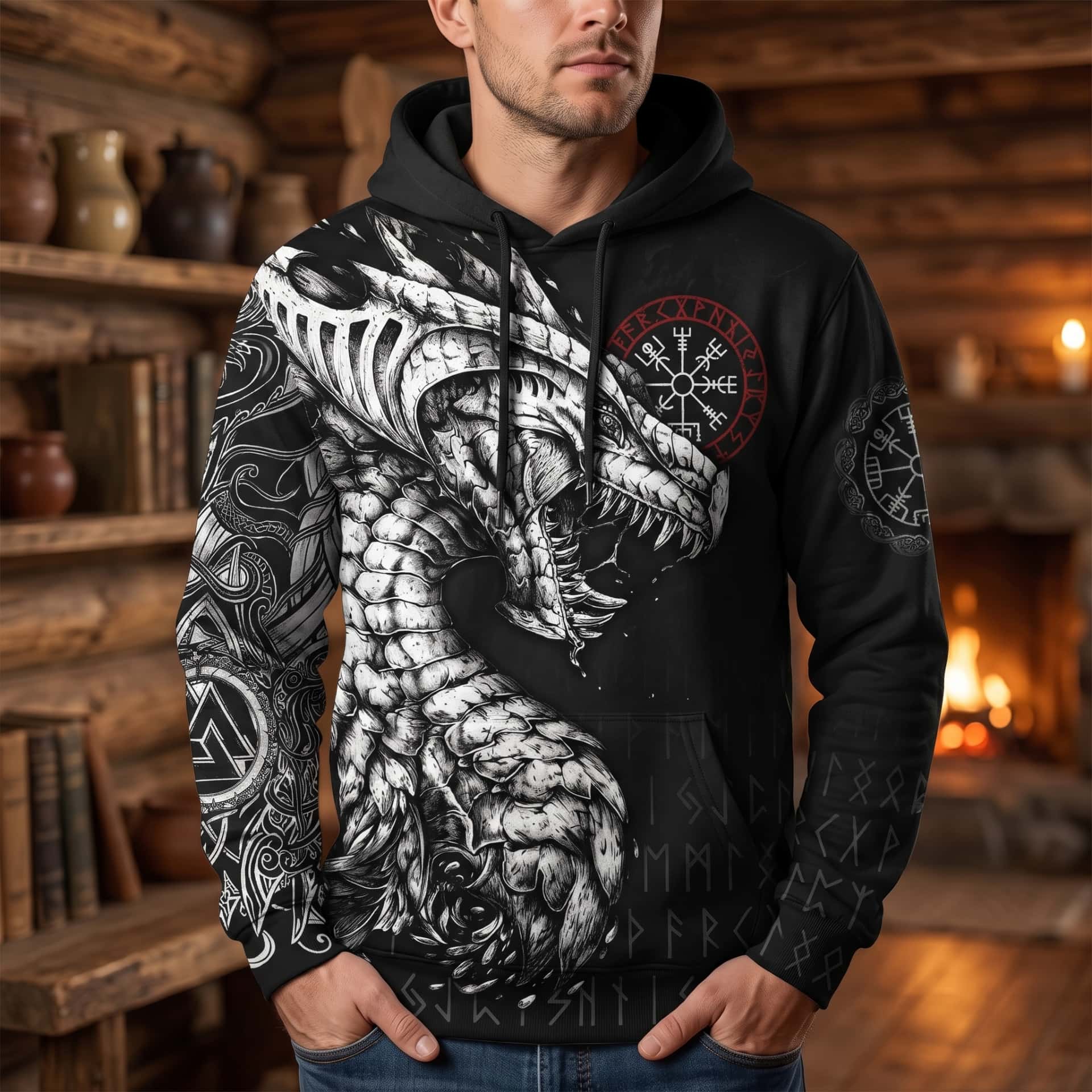 Homme portant le Sweat à Capuche Viking Dragon Nordique Noir et Blanc