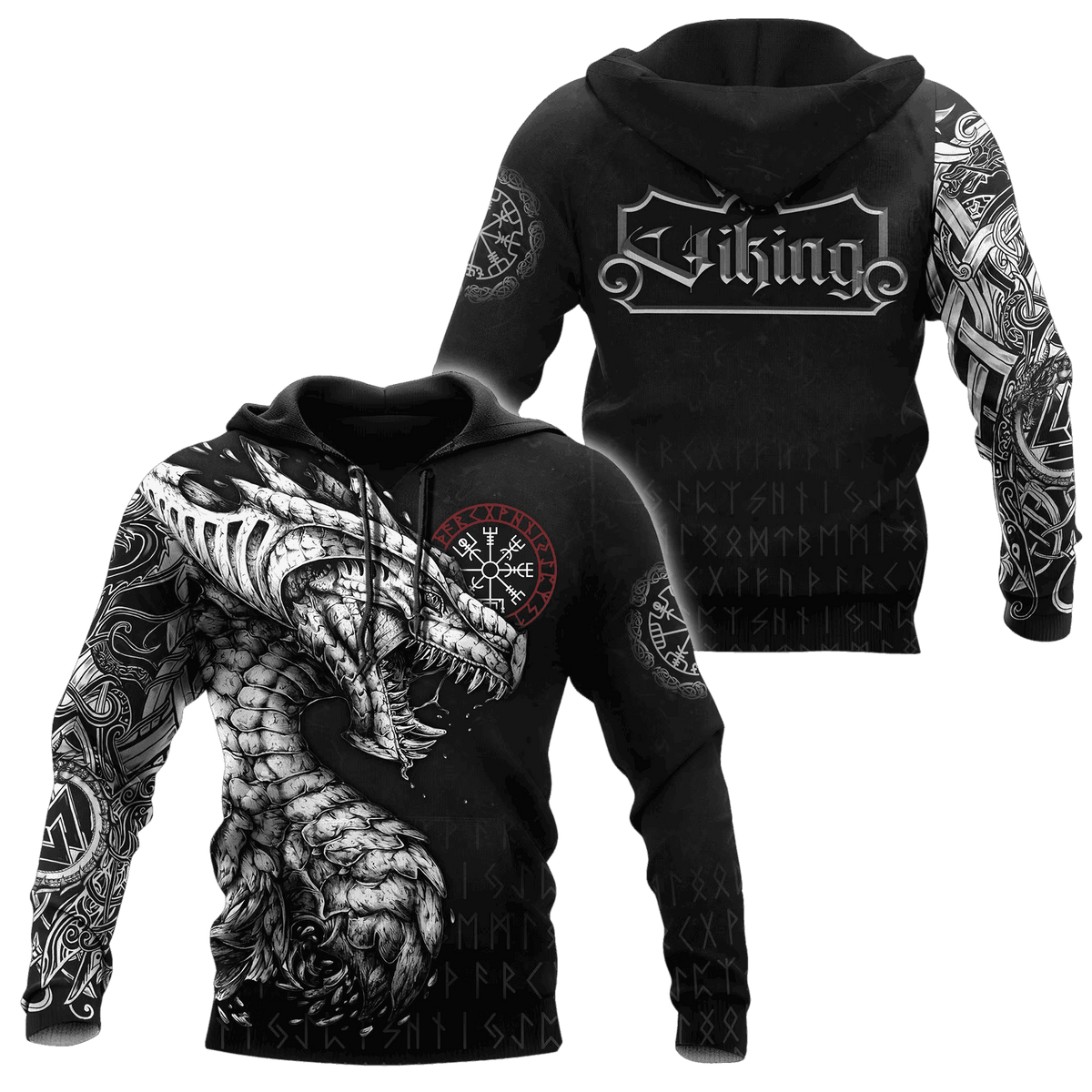 Sweat à Capuche Viking Dragon Nordique Noir et Blanc, vu de face et de dos
