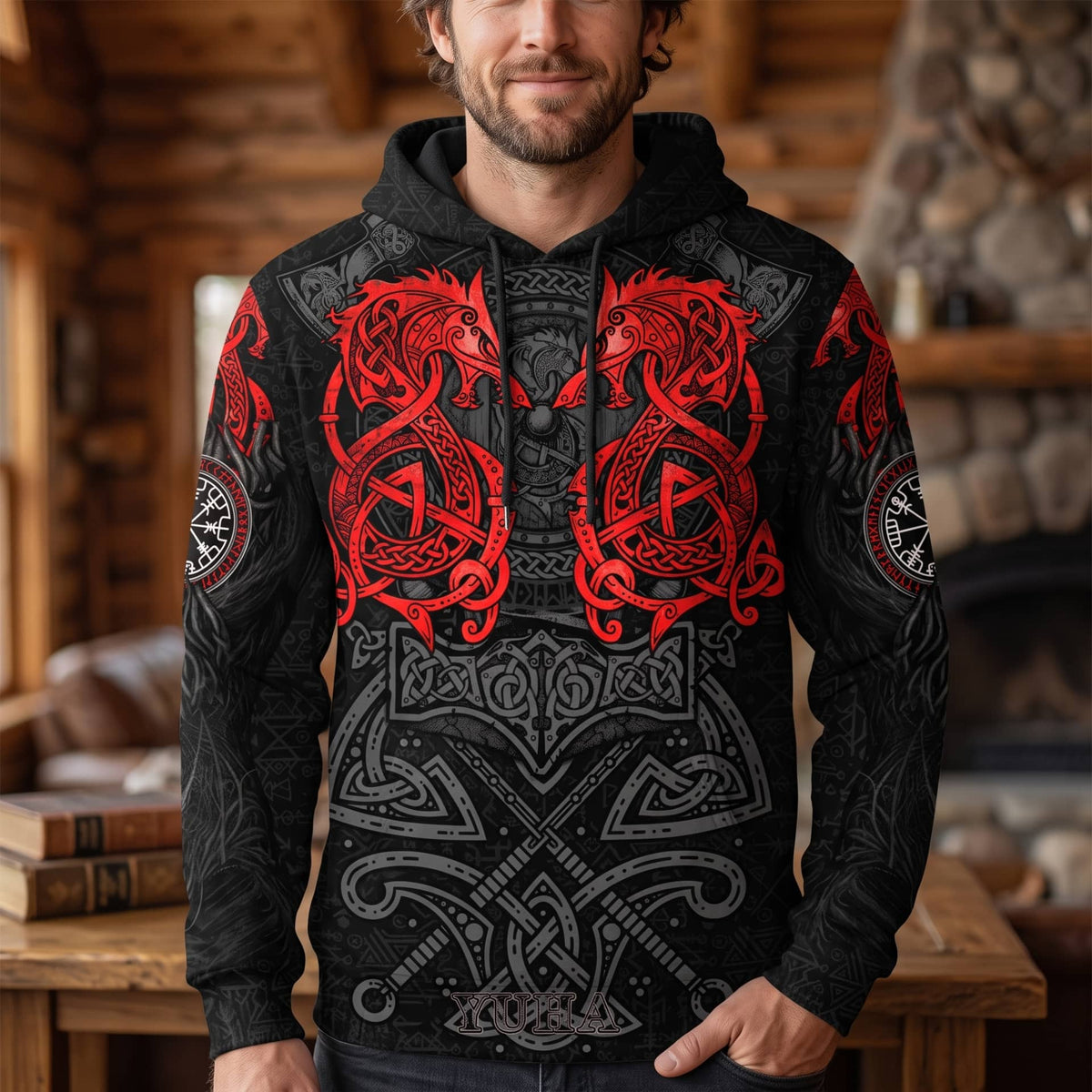 Homme portant le Sweat à Capuche Viking Dragons Affrontés Rouge et Noir