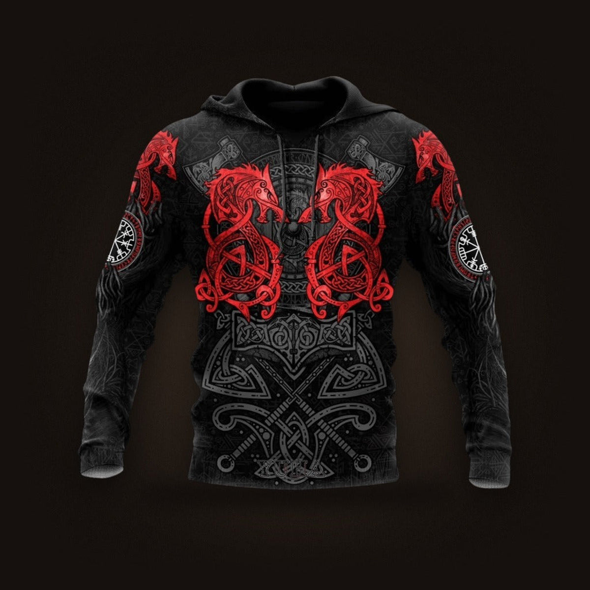 Sweat à Capuche Viking Dragons Affrontés Rouge et Noir, vu de face