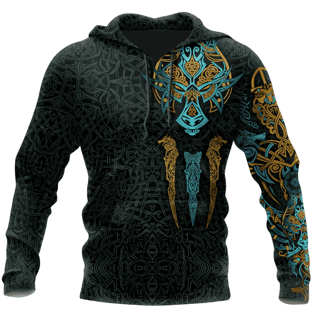 Sweat à Capuche Viking Entrelacs Or et Turquoise, vu de face et de dos
