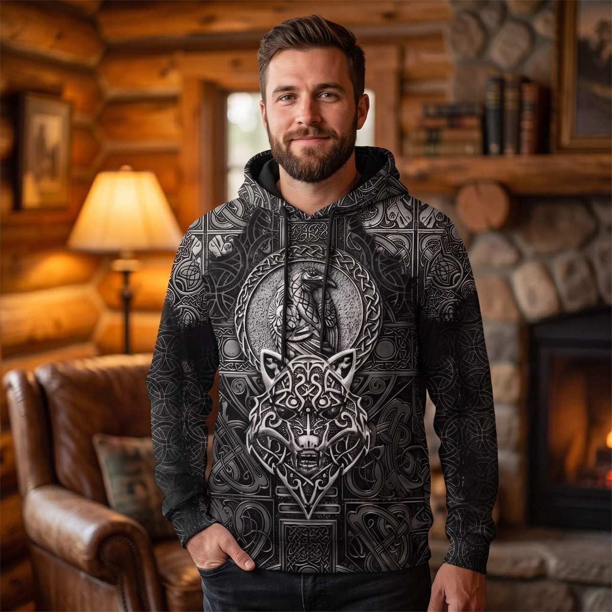 Homme portant le Sweat à Capuche Viking Loup Fenrir Médaillon Gris