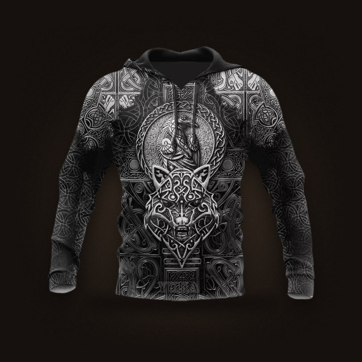 Sweat à Capuche Viking Loup Fenrir Médaillon Gris, vu de face
