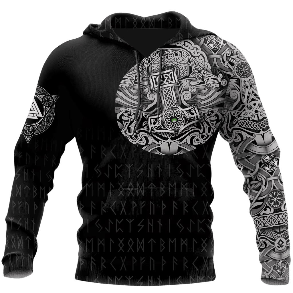 Sweat à Capuche Viking Médaillon Runique Noir et Gris, vu de face et de dos