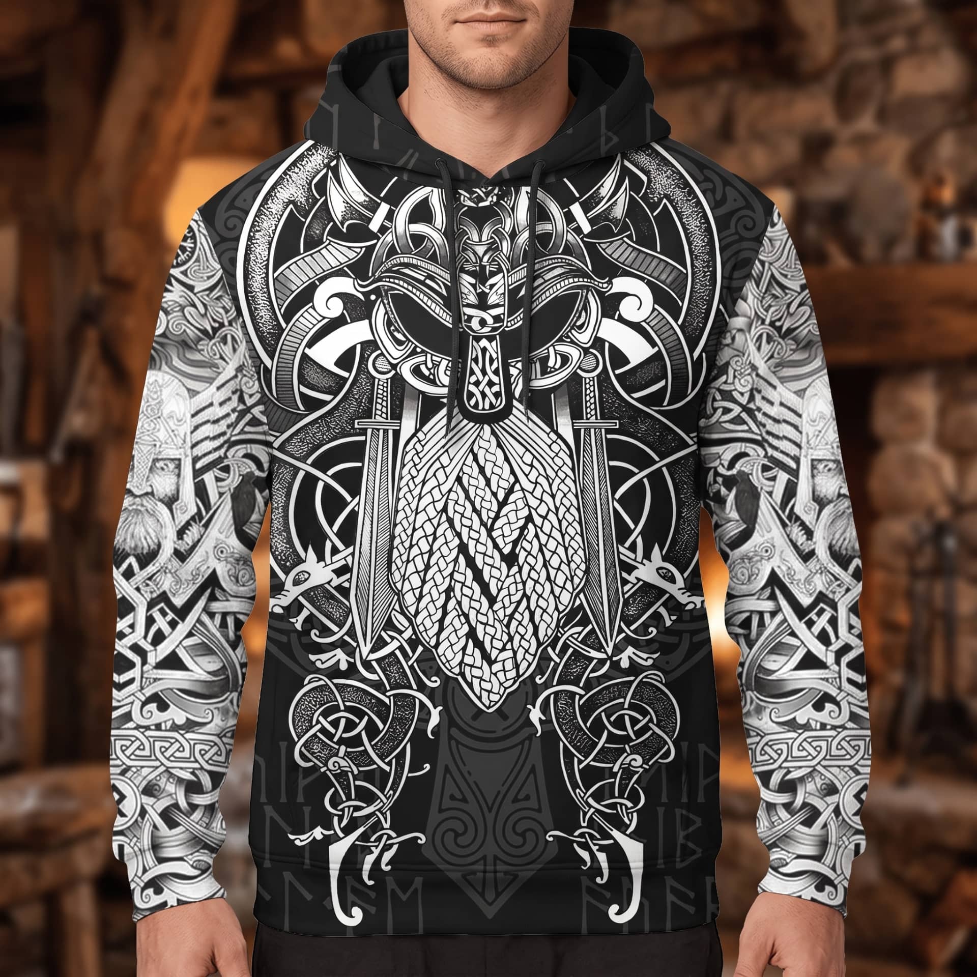 Homme portant le Sweat à Capuche Viking Odin et Ses Corbeaux Noir et Blanc