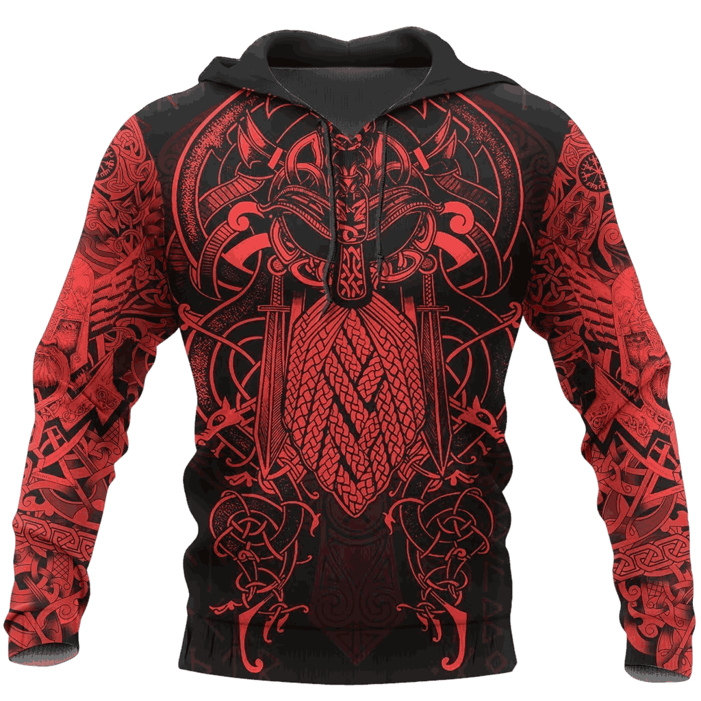 Sweat à Capuche Viking Odin et Corbeaux Rouge et Noir, vu de face et de dos