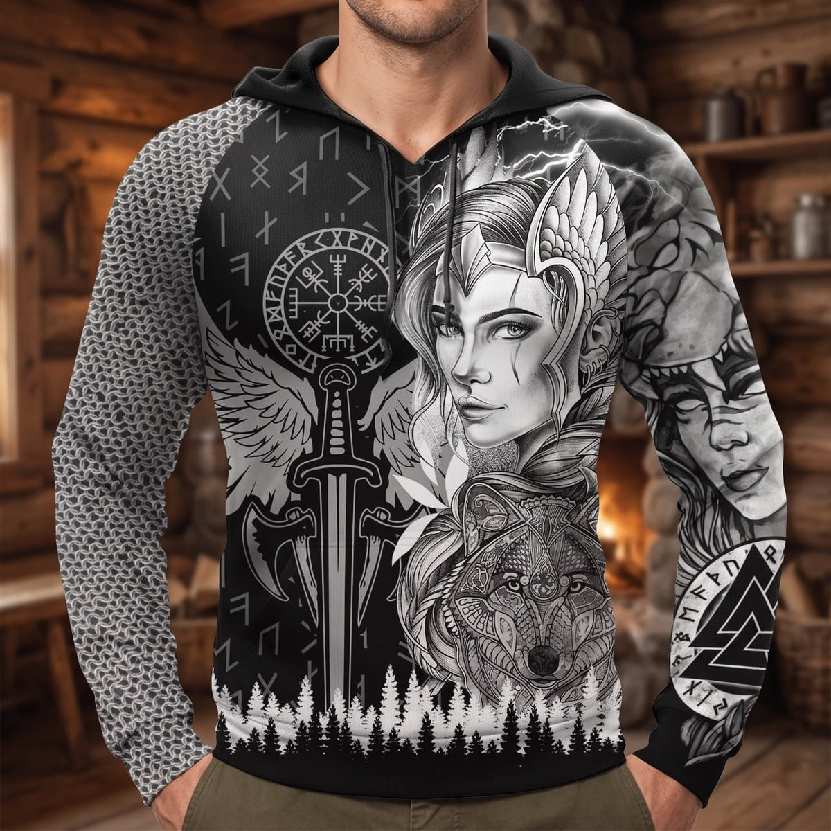 Homme portant le Sweat à Capuche Viking Valkyrie à l'Épée Noir et Blanc