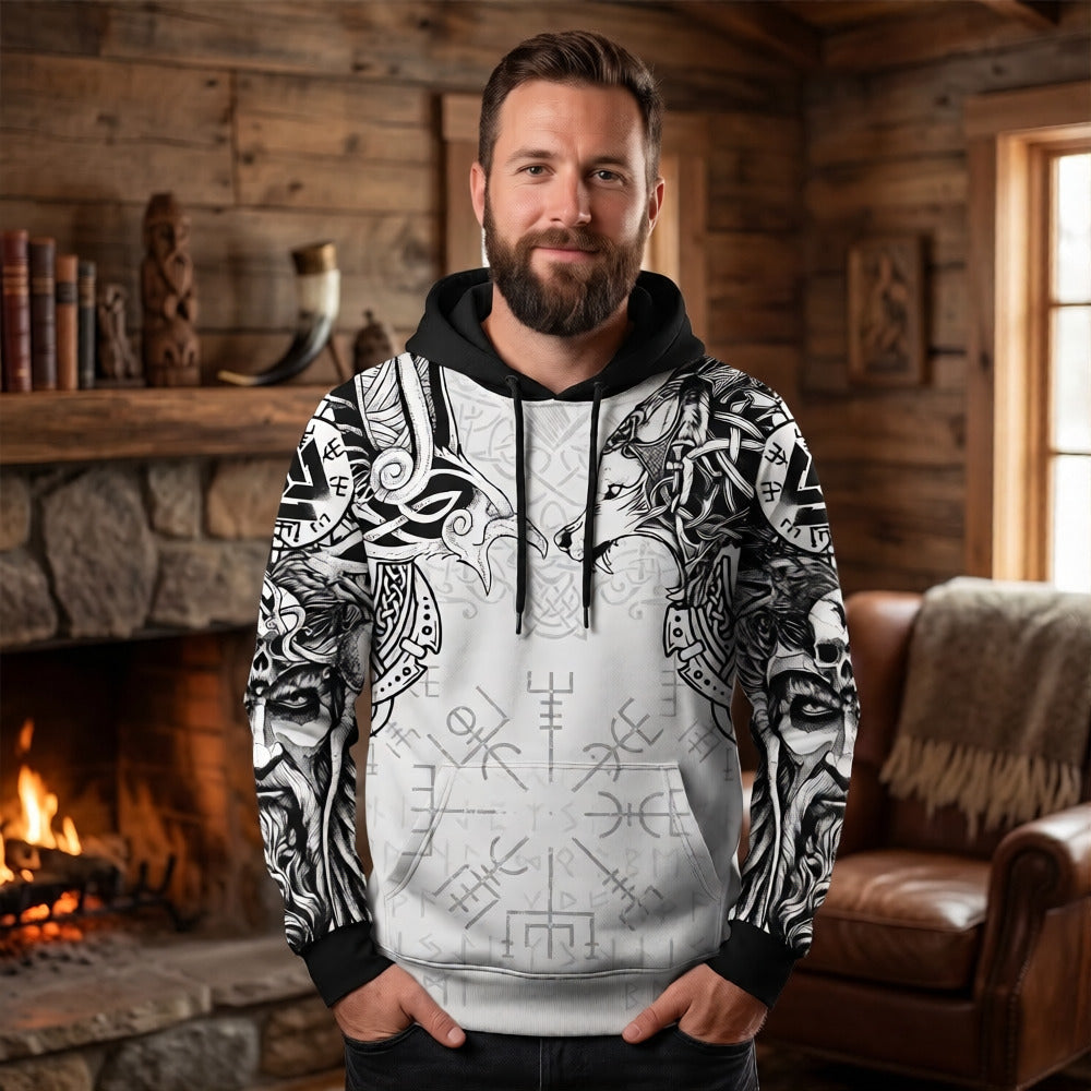 Homme portant le Sweat à Capuche Viking Vegvísir Blanc et Noir