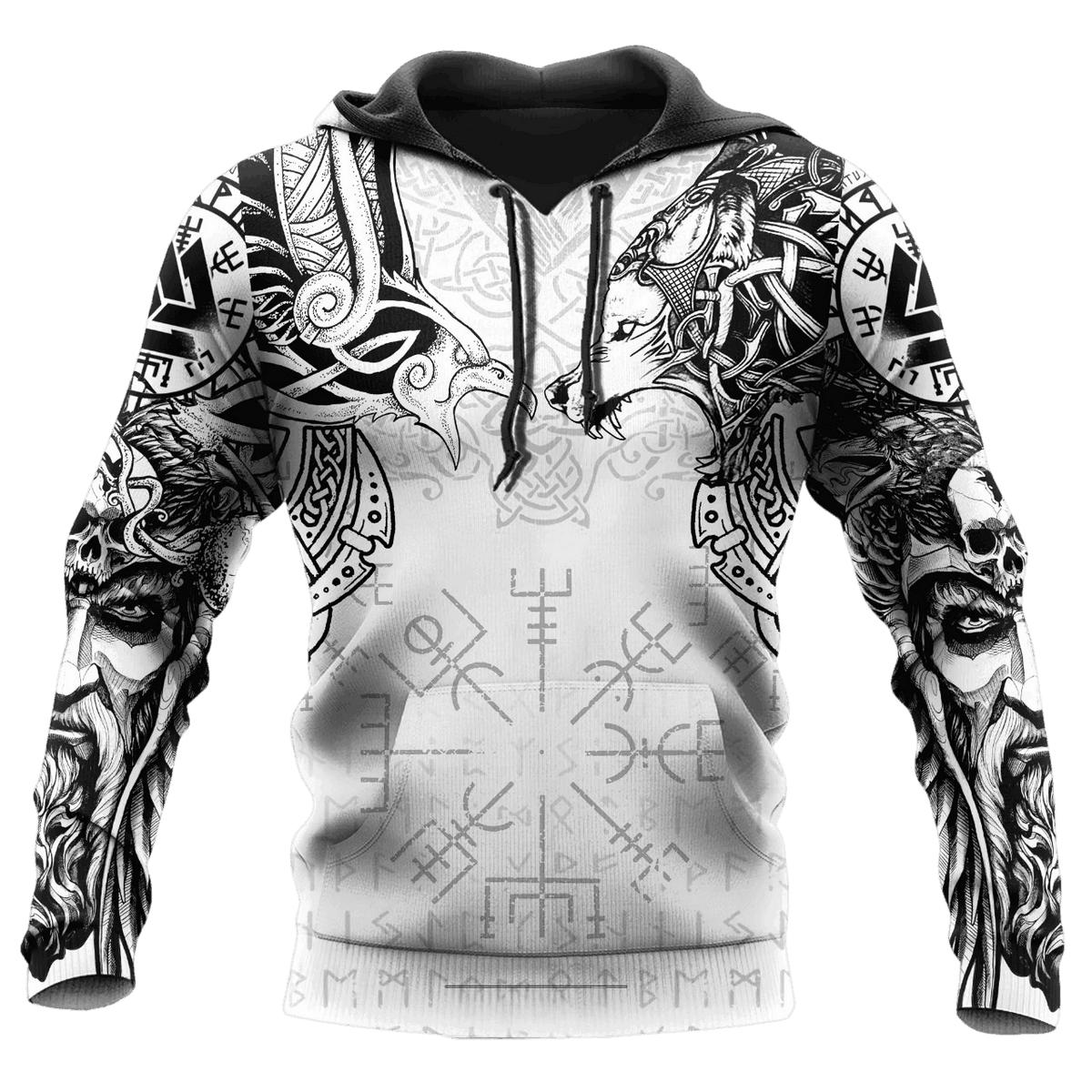 Sweat à Capuche Viking Vegvísir Blanc et Noir, vu de face et de dos