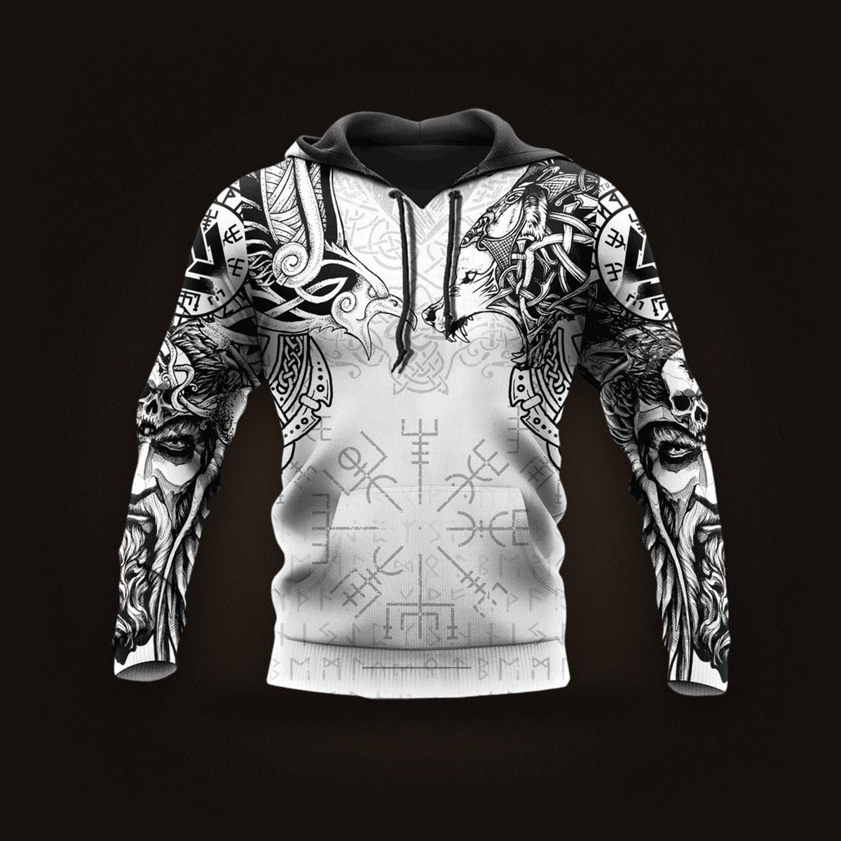 Sweat à Capuche Viking Vegvísir Blanc et Noir, vu de face