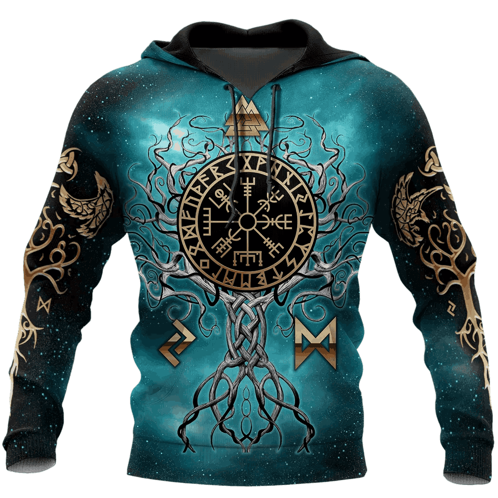 Sweat à Capuche Viking Vegvísir Doré Fond Turquoise, vu de face et de dos