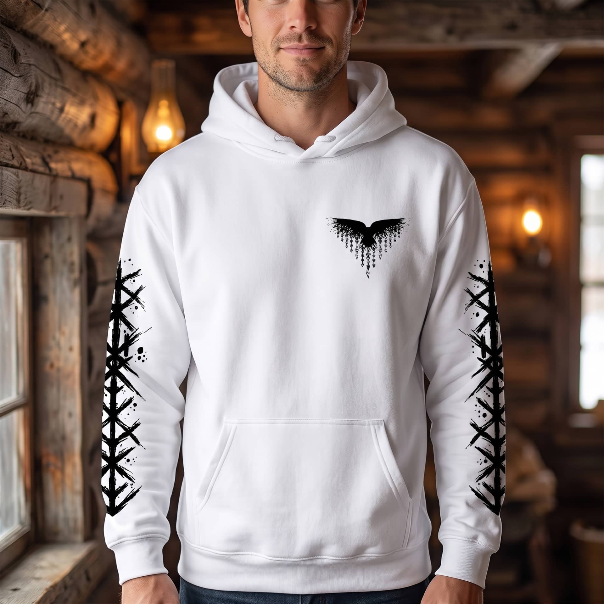 Homme portant le Sweat à Capuche Viking Vegvísir et Runes, coloris blanc motif noir
