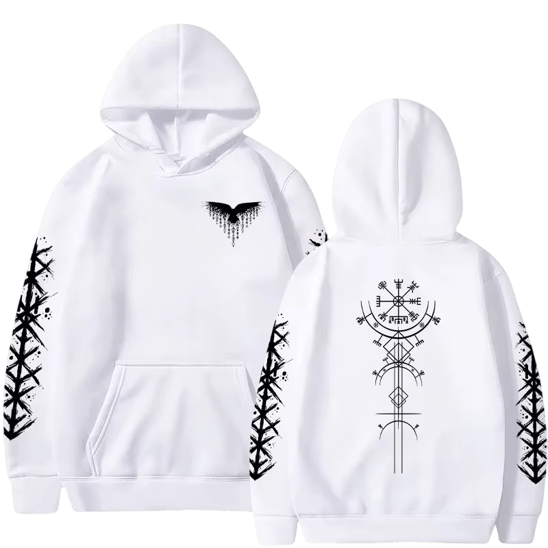 Sweat à Capuche Viking Vegvísir et Runes, coloris blanc motif noir, vu de face et de dos