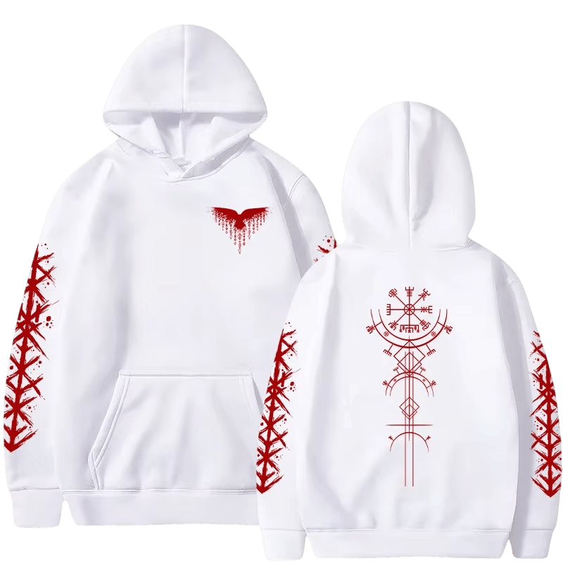 Sweat à Capuche Viking Vegvísir et Runes, coloris blanc motif rouge, vu de face et de dos