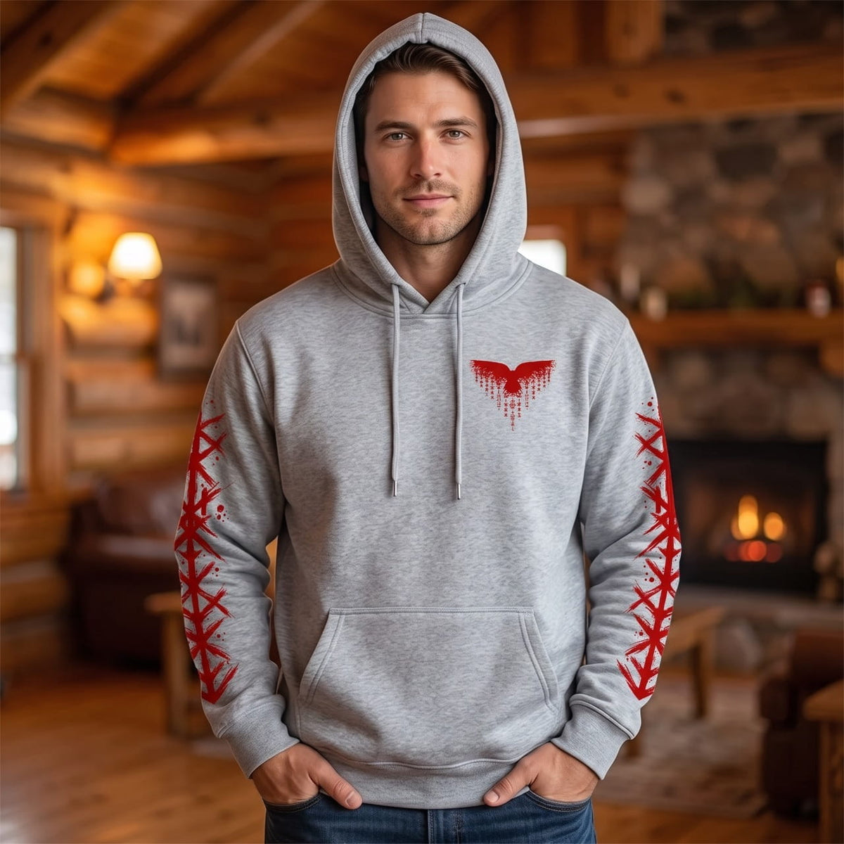 Homme portant le Sweat à Capuche Viking Vegvísir et Runes, coloris gris motif rouge