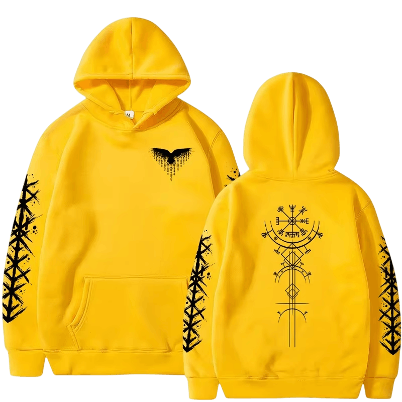Sweat à Capuche Viking Vegvísir et Runes, coloris jaune motif noir, vu de face et de dos