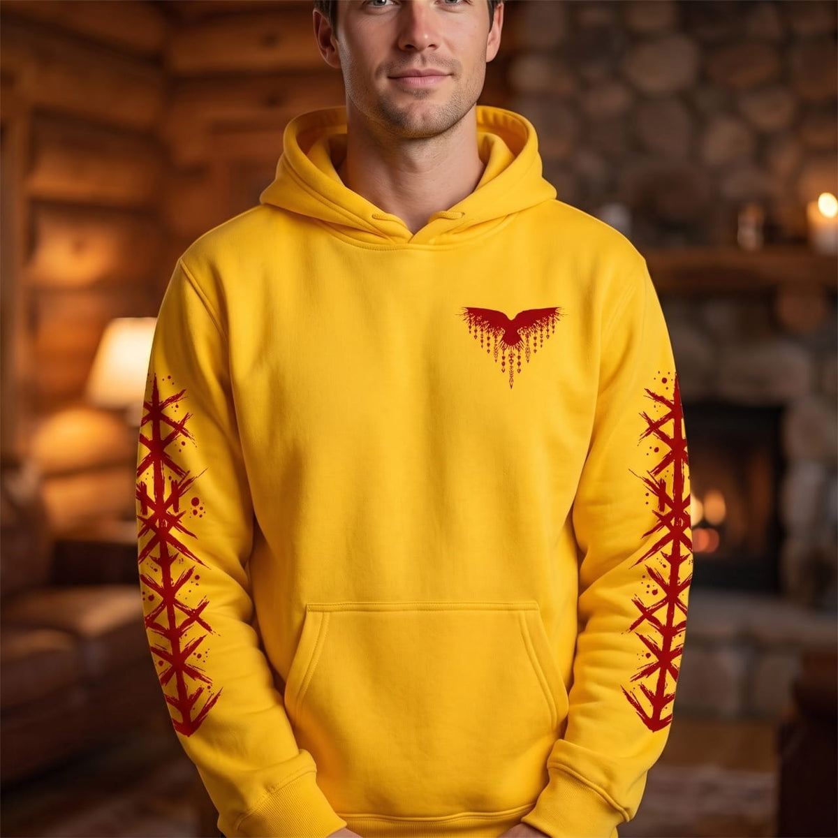 Homme portant le Sweat à Capuche Viking Vegvísir et Runes, coloris jaune motif rouge