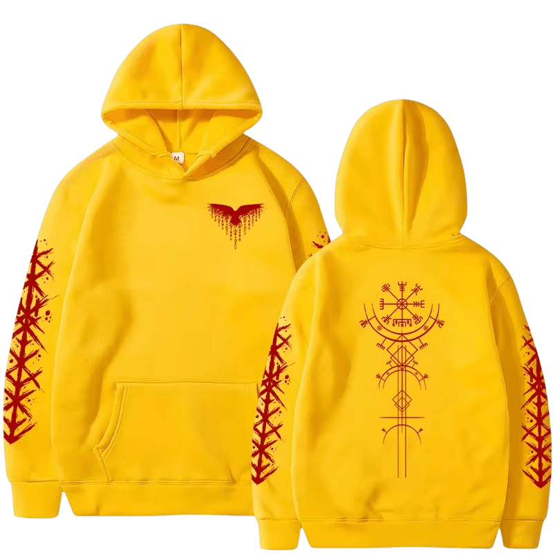 Sweat à Capuche Viking Vegvísir et Runes, coloris jaune motif rouge, vu de face et de dos
