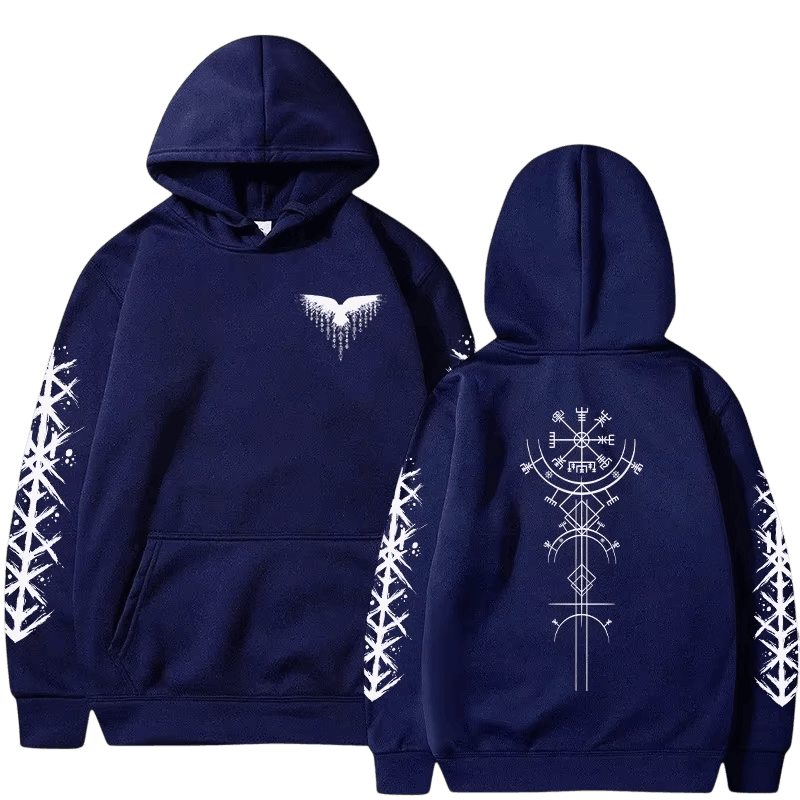 Sweat à Capuche Viking Vegvísir et Runes, coloris marine motif blanc, vu de face et de dos