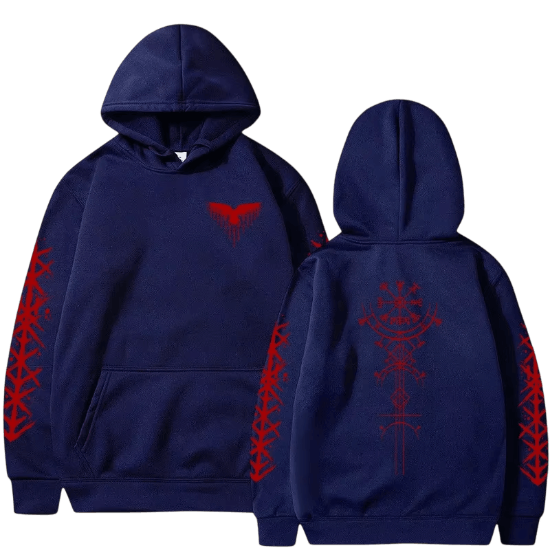 Sweat à Capuche Viking Vegvísir et Runes, coloris marine motif rouge, vu de face et de dos