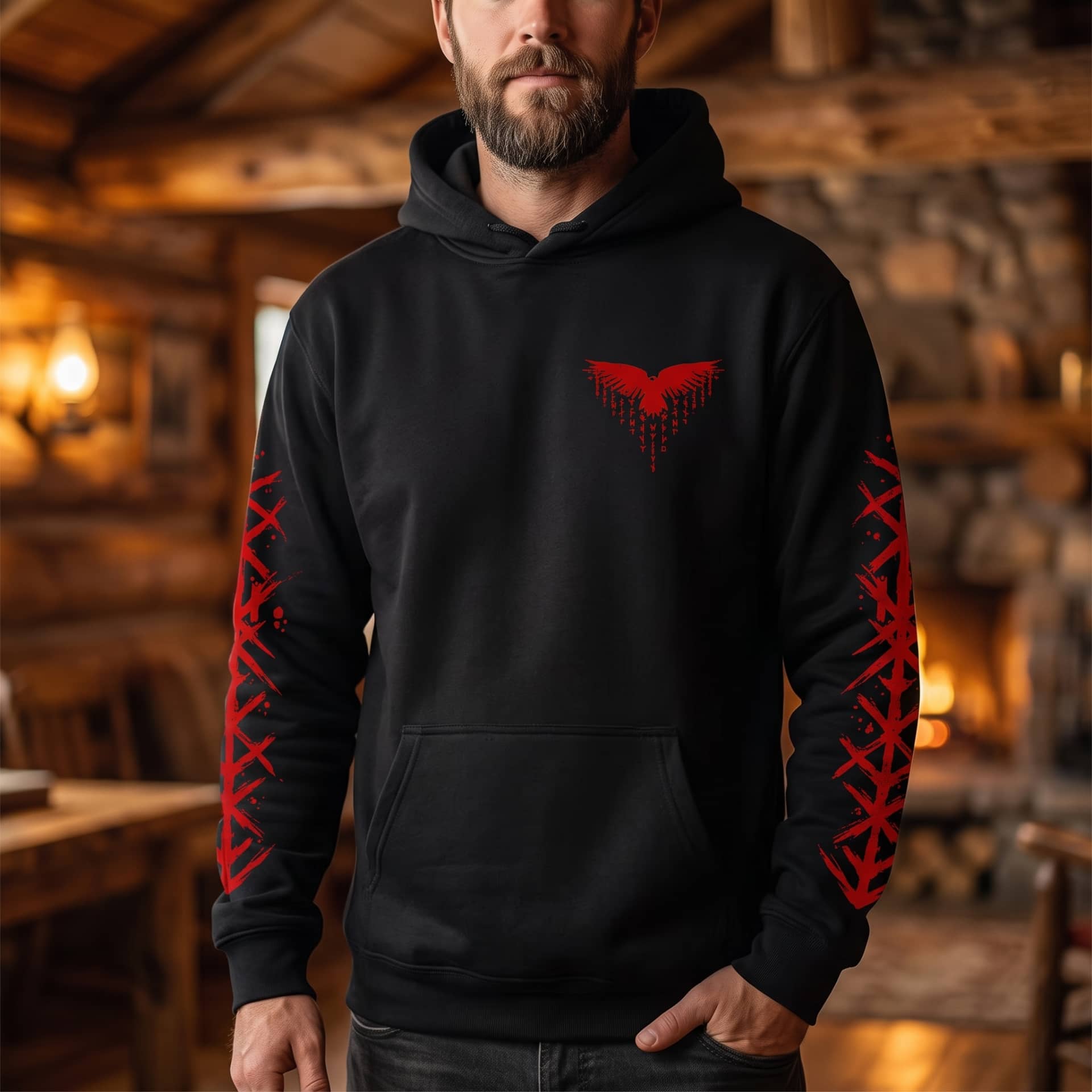 Homme portant le Sweat à Capuche Viking Vegvísir et Runes, coloris noir motif rouge